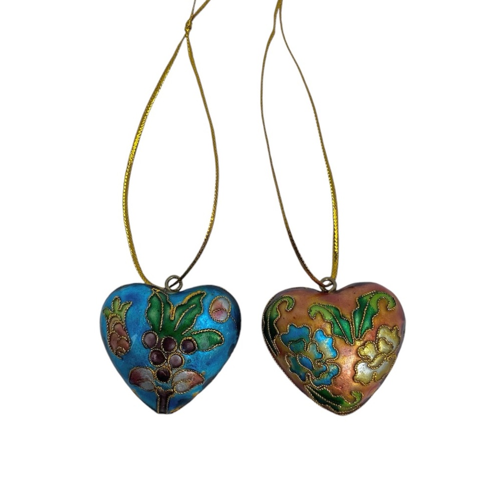 Vintage Cloisonne Enamel Porcelain Heart Floral Ornaments Pair